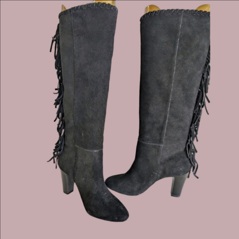 Fringe Knee-High Black Boots Suede 3 Inch Heel Pull On Size 7